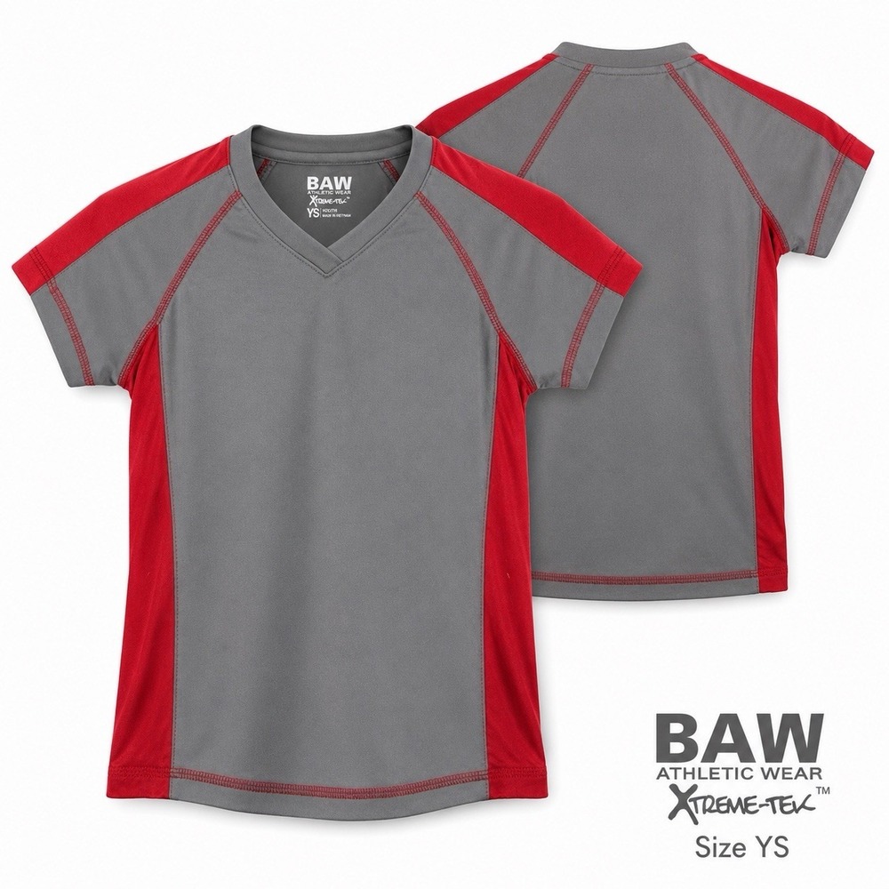 BAW Youth Small Xtreme-Tek Athletic Shirt Gray Red Short Sleeve Performance